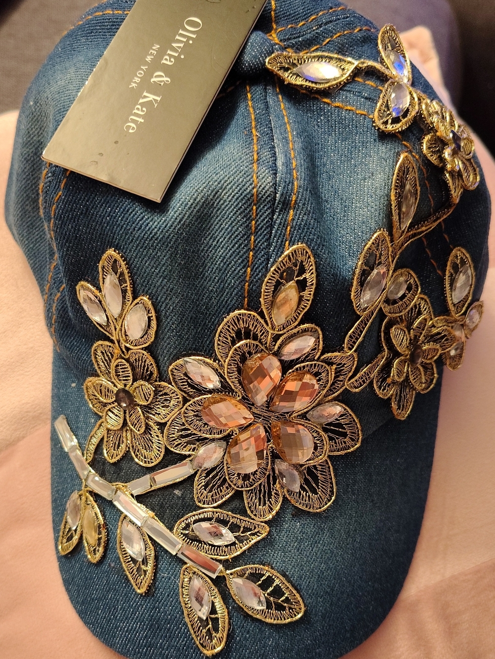 Olivia & Kate Women's Teal Denim Cap with Gold Floral Crystal Embellishment